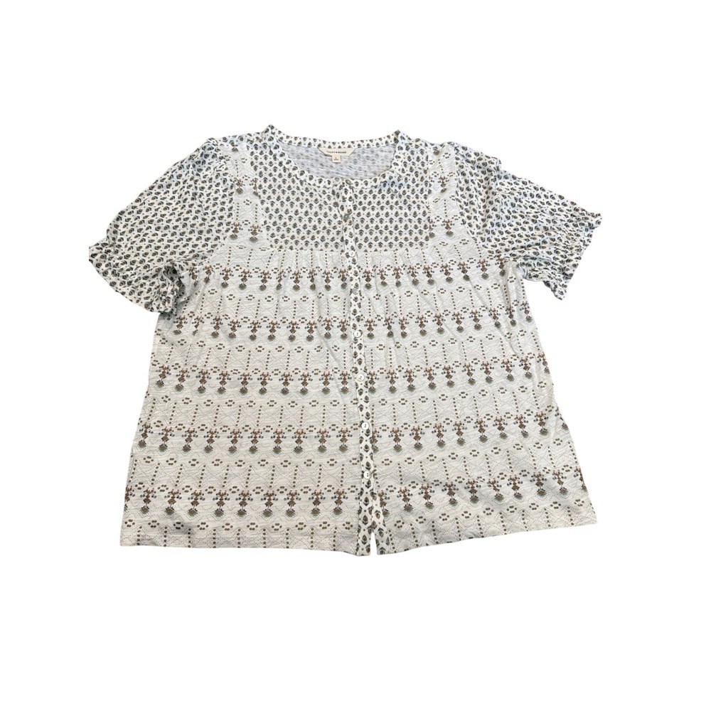 Lucky Brand Women White Green Boho Print Button Front Short Sleeve Blouse Large